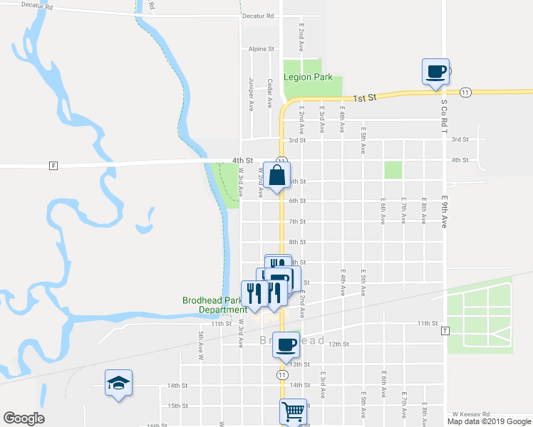 map of restaurants, bars, coffee shops, grocery stores, and more near 606 West 2nd Avenue in Brodhead