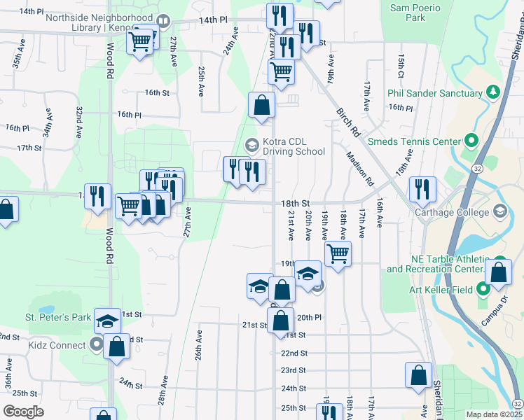 map of restaurants, bars, coffee shops, grocery stores, and more near 1800 22nd Ave in Kenosha