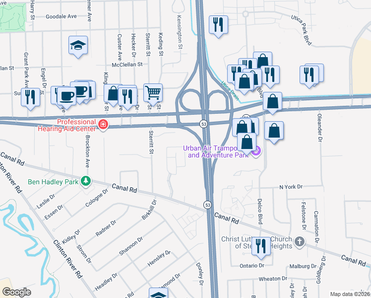 map of restaurants, bars, coffee shops, grocery stores, and more near 44652 Mathison Drive in Sterling Heights