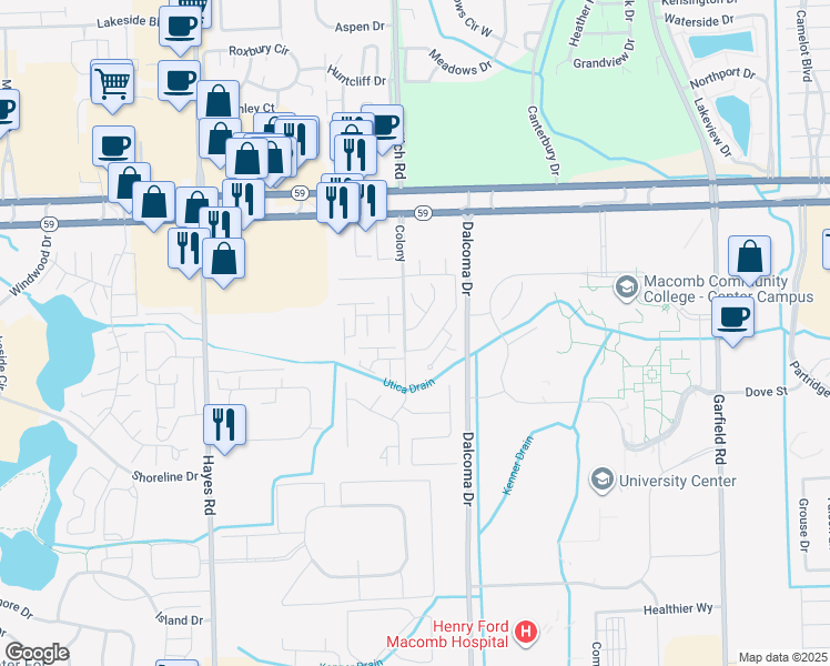 map of restaurants, bars, coffee shops, grocery stores, and more near 44516 Connecticut Court in Clinton Township