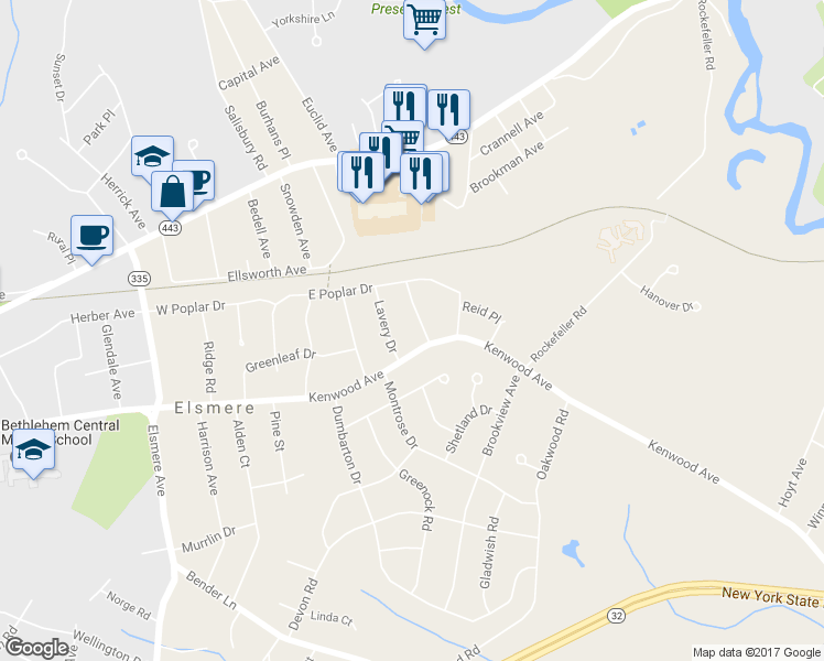 map of restaurants, bars, coffee shops, grocery stores, and more near 8 Clermont Street in Delmar