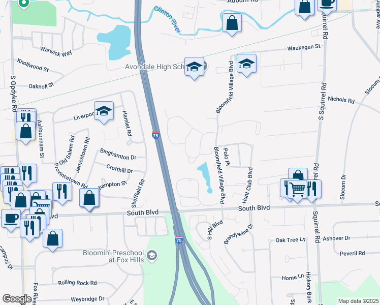 map of restaurants, bars, coffee shops, grocery stores, and more near 2879 Tall Oaks Court in Auburn Hills