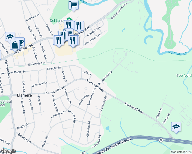 map of restaurants, bars, coffee shops, grocery stores, and more near 177 Rockefeller Road in Albany County