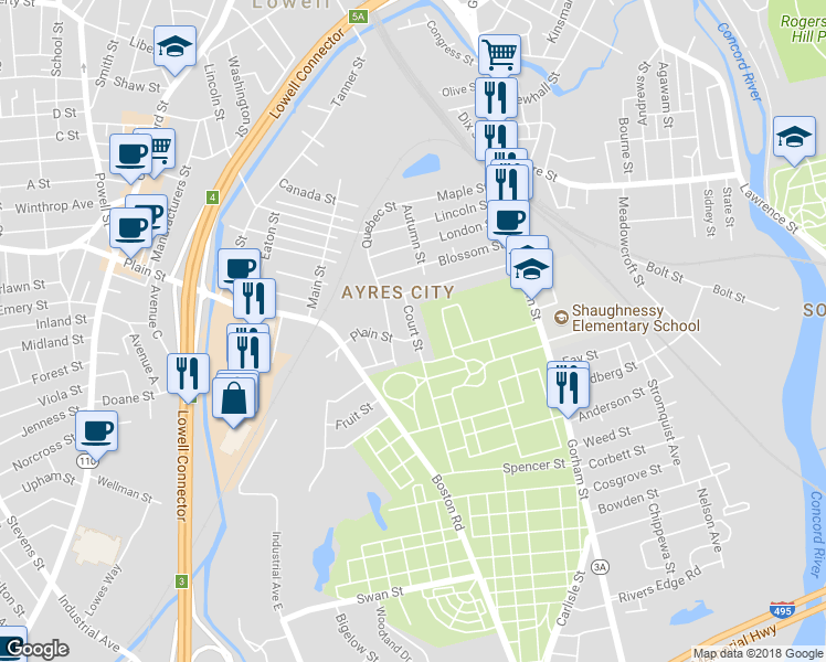 map of restaurants, bars, coffee shops, grocery stores, and more near 37 Court Street in Lowell
