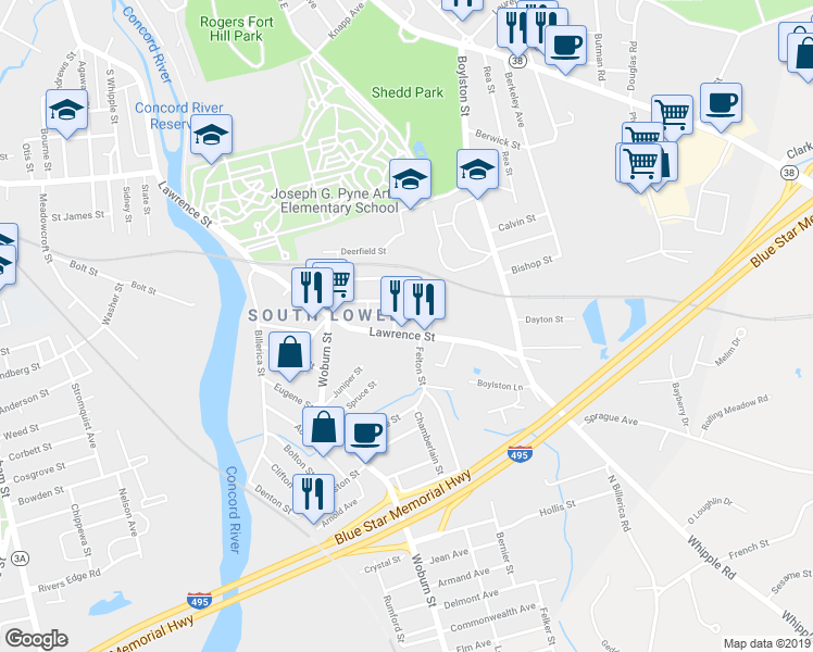 map of restaurants, bars, coffee shops, grocery stores, and more near 1250 Lawrence Street in Lowell