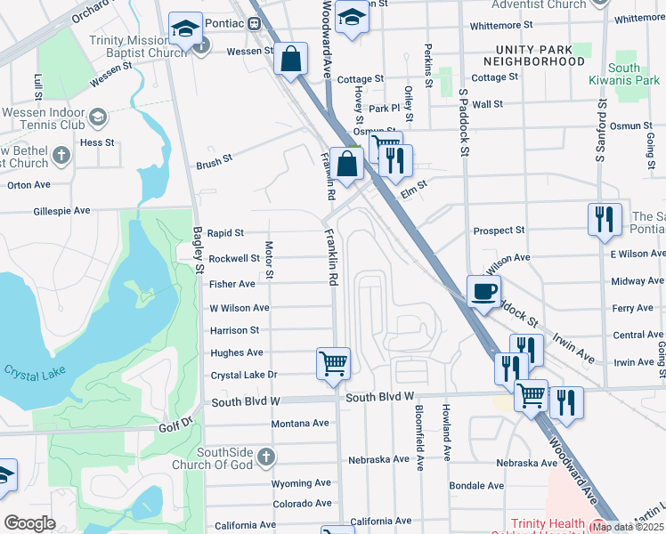 map of restaurants, bars, coffee shops, grocery stores, and more near 203 Franklin Road in Pontiac