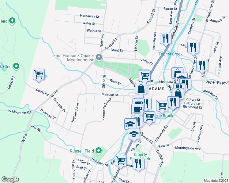 map of restaurants, bars, coffee shops, grocery stores, and more near 17 Forest Park Avenue in Adams