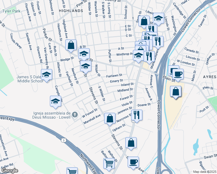 map of restaurants, bars, coffee shops, grocery stores, and more near 116 Inland Street in Lowell