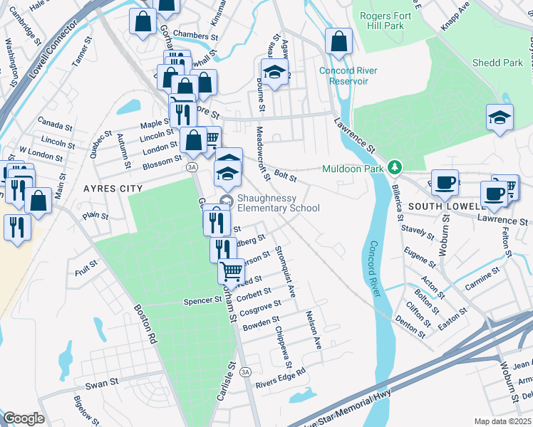 map of restaurants, bars, coffee shops, grocery stores, and more near 86 Fay Street in Lowell