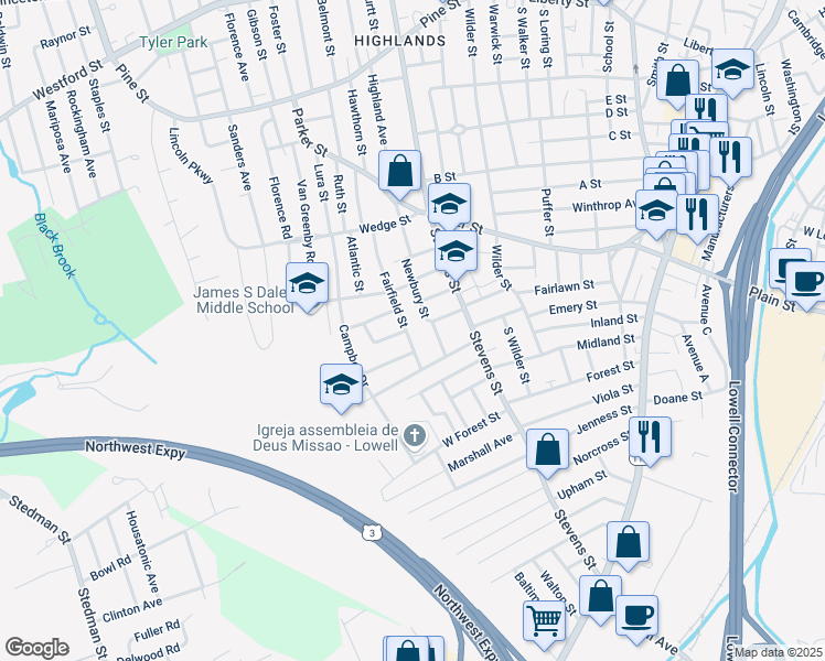 map of restaurants, bars, coffee shops, grocery stores, and more near 71 Newbury Street in Lowell
