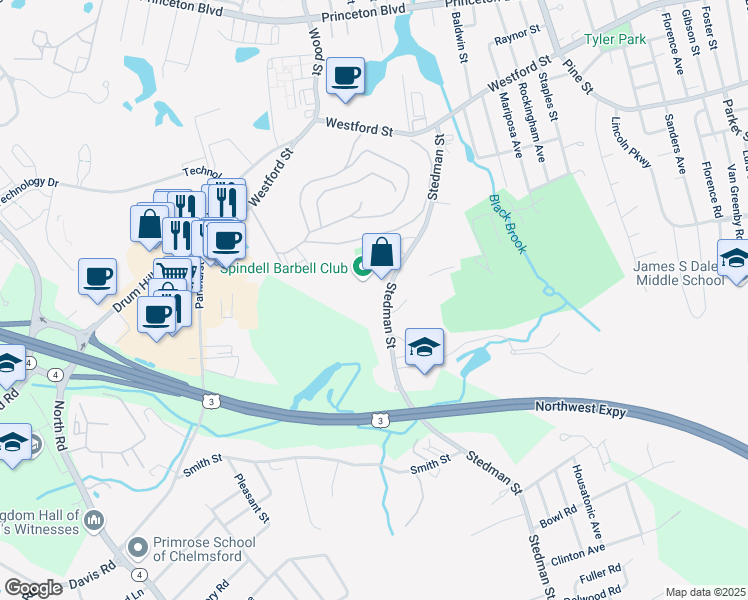 map of restaurants, bars, coffee shops, grocery stores, and more near 225 Stedman Street in Lowell