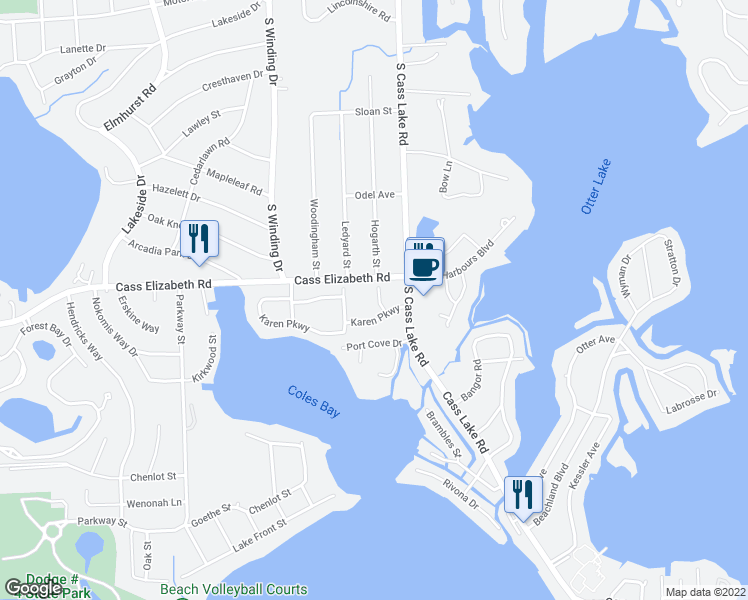 map of restaurants, bars, coffee shops, grocery stores, and more near 3520 Denise Court in Waterford Township