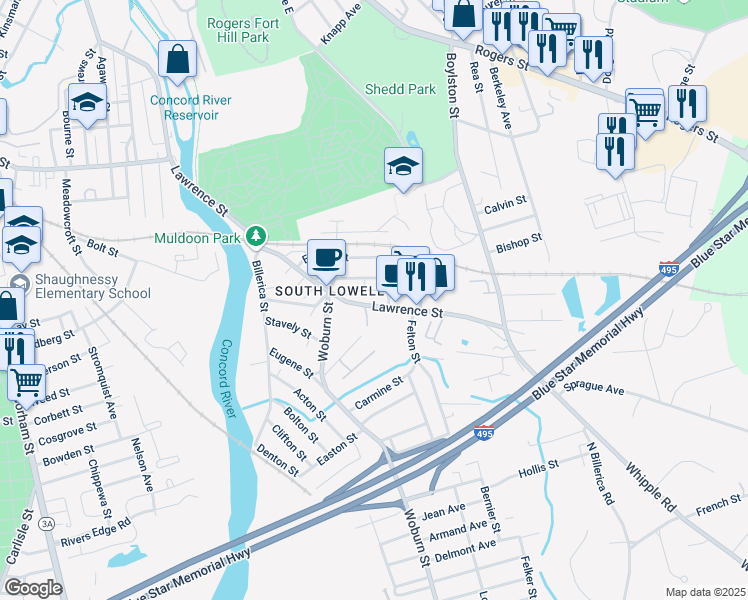map of restaurants, bars, coffee shops, grocery stores, and more near 1210 Lawrence Street in Lowell