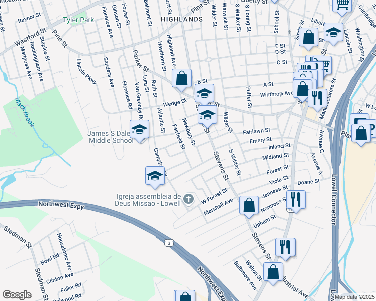map of restaurants, bars, coffee shops, grocery stores, and more near 71 Newbury Street in Lowell