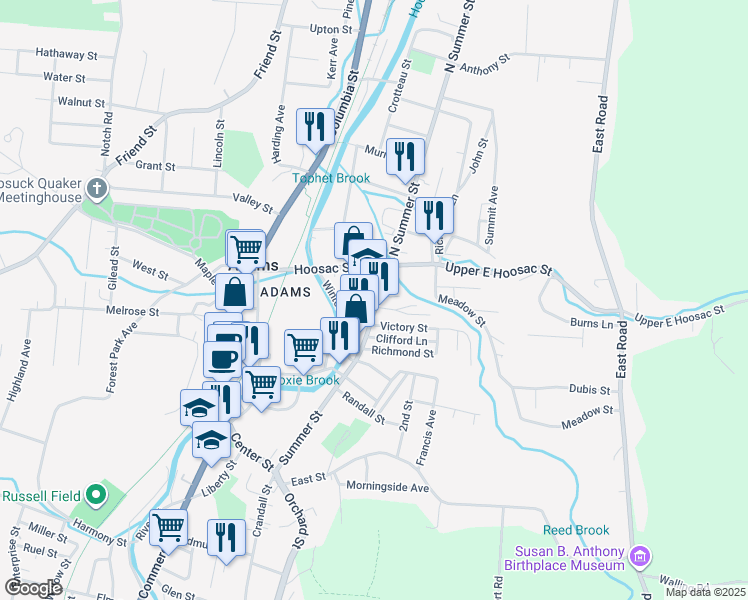 map of restaurants, bars, coffee shops, grocery stores, and more near 4 Weber Street in Adams
