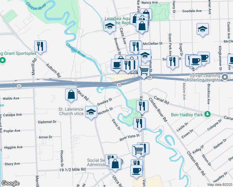 map of restaurants, bars, coffee shops, grocery stores, and more near 7829 Greeley Street in Utica