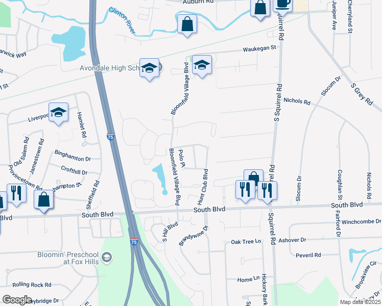 map of restaurants, bars, coffee shops, grocery stores, and more near 844 Canter Lane in Auburn Hills