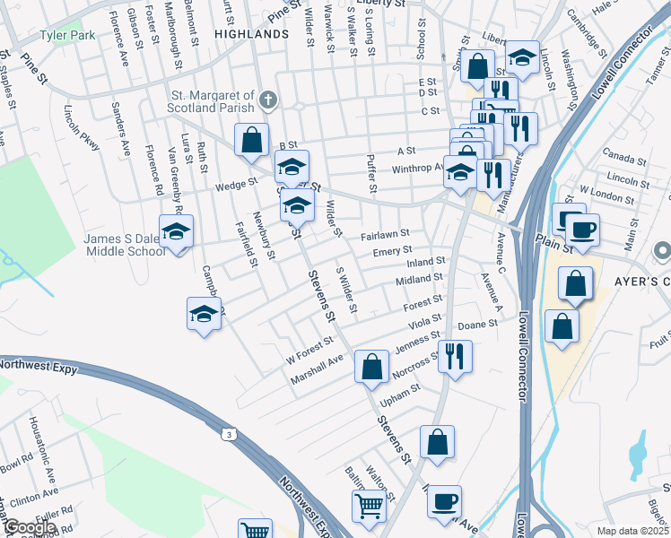 map of restaurants, bars, coffee shops, grocery stores, and more near 9 South Wilder Street in Lowell