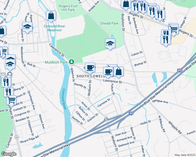 map of restaurants, bars, coffee shops, grocery stores, and more near 1204 Lawrence Street in Lowell