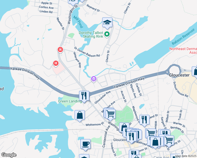 map of restaurants, bars, coffee shops, grocery stores, and more near 25 Poplar Street in Gloucester
