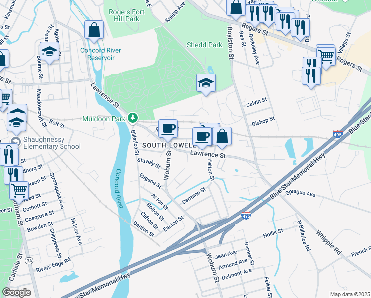 map of restaurants, bars, coffee shops, grocery stores, and more near 1210 Lawrence Street in Lowell