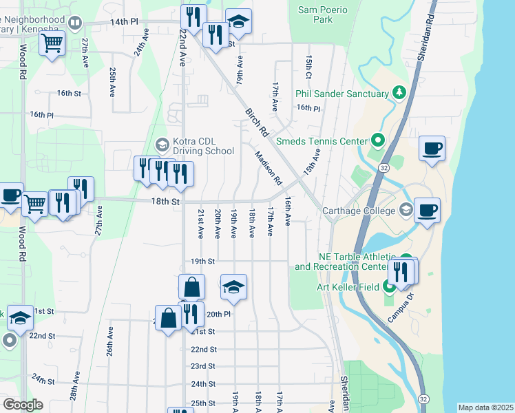 map of restaurants, bars, coffee shops, grocery stores, and more near 1802 17th Avenue in Kenosha