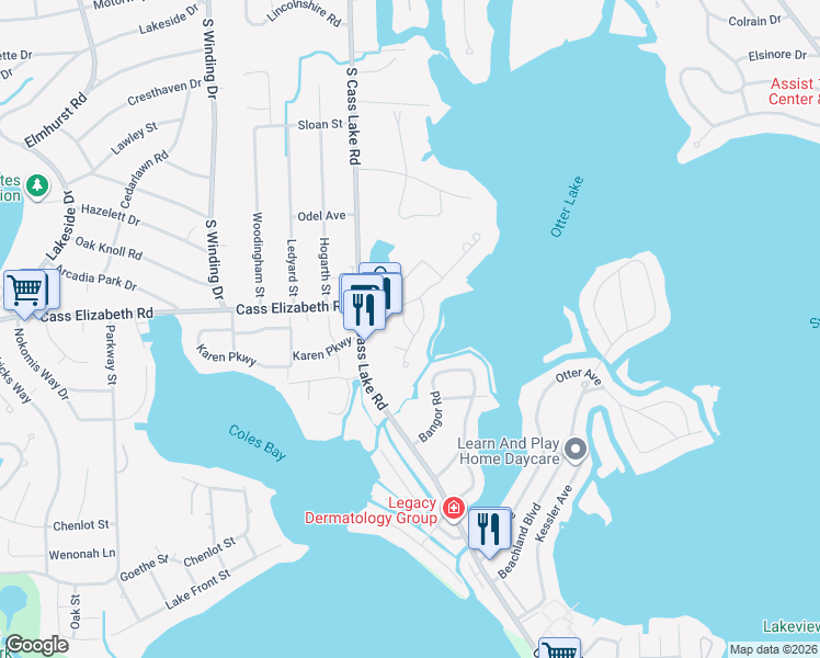map of restaurants, bars, coffee shops, grocery stores, and more near 1058 Sandpiper Drive in Waterford Township