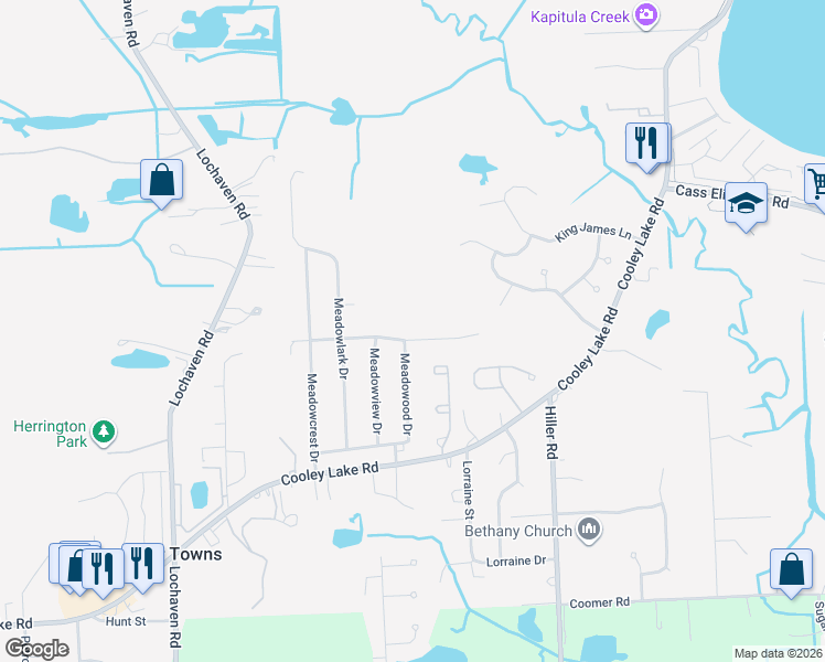 map of restaurants, bars, coffee shops, grocery stores, and more near 6028 Meadowgreene Drive in Waterford Township