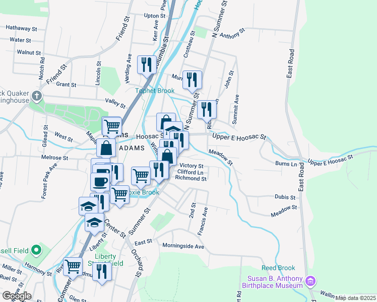map of restaurants, bars, coffee shops, grocery stores, and more near 1 Conrad Street in Adams