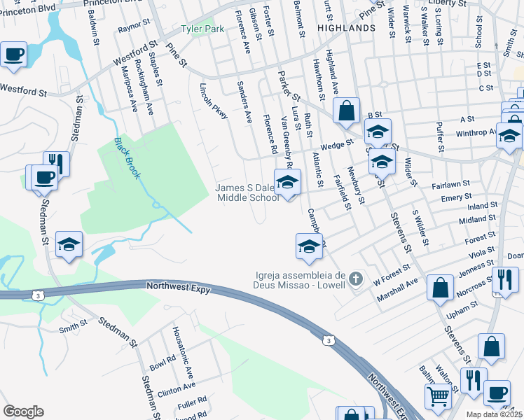 map of restaurants, bars, coffee shops, grocery stores, and more near 305 Sanders Avenue in Lowell