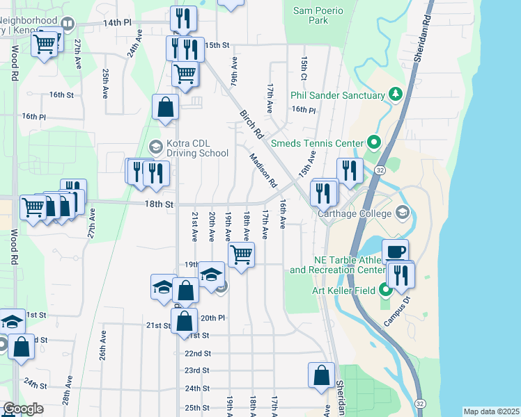 map of restaurants, bars, coffee shops, grocery stores, and more near 1802 17th Avenue in Kenosha