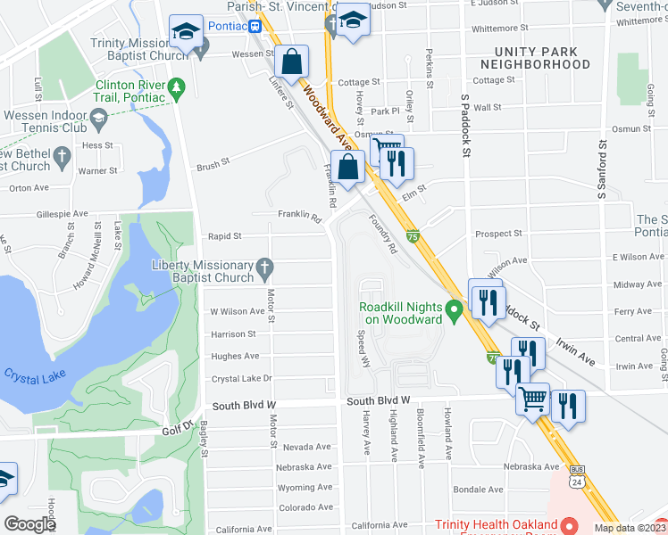 map of restaurants, bars, coffee shops, grocery stores, and more near 201 Franklin Road in Pontiac