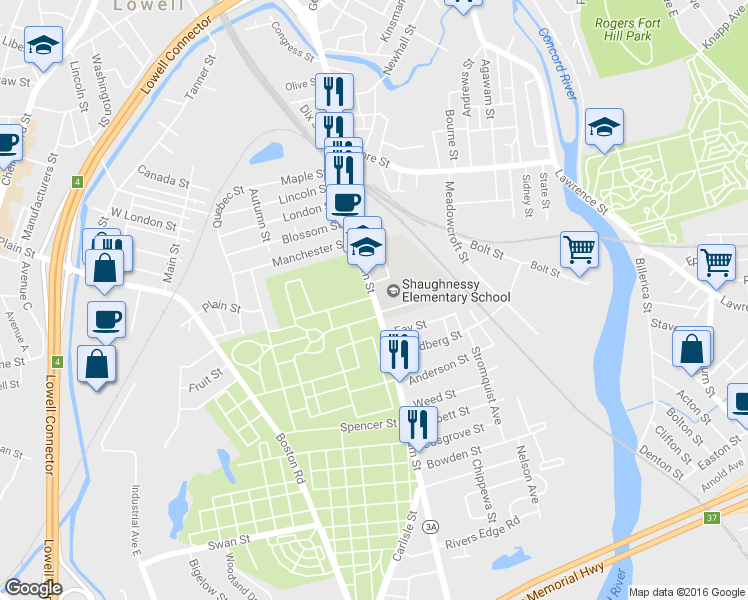 map of restaurants, bars, coffee shops, grocery stores, and more near 1109 Gorham Street in Lowell