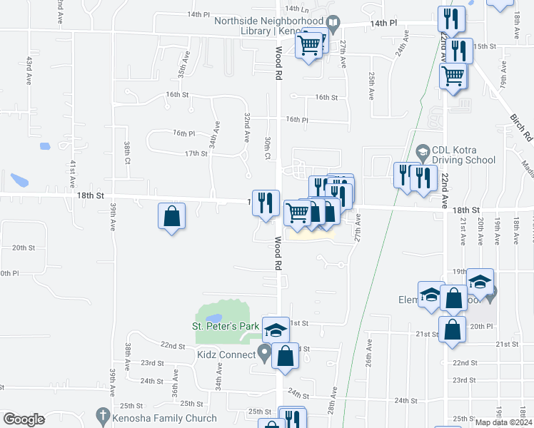 map of restaurants, bars, coffee shops, grocery stores, and more near 1810 30th Avenue in Kenosha