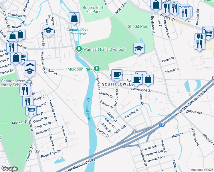 map of restaurants, bars, coffee shops, grocery stores, and more near 32 Warnock Street in Lowell