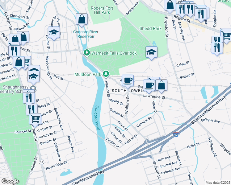 map of restaurants, bars, coffee shops, grocery stores, and more near 32 Warnock Street in Lowell