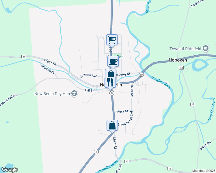 map of restaurants, bars, coffee shops, grocery stores, and more near 5 West Street in New Berlin