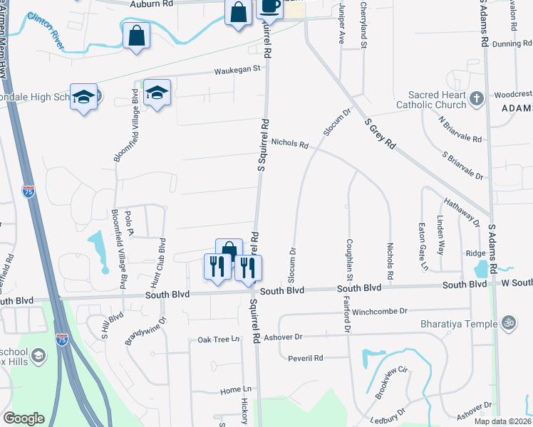 map of restaurants, bars, coffee shops, grocery stores, and more near 775 South Squirrel Road in Auburn Hills