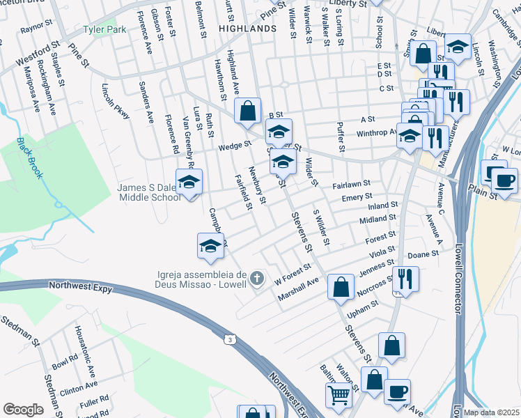 map of restaurants, bars, coffee shops, grocery stores, and more near 71 Newbury Street in Lowell
