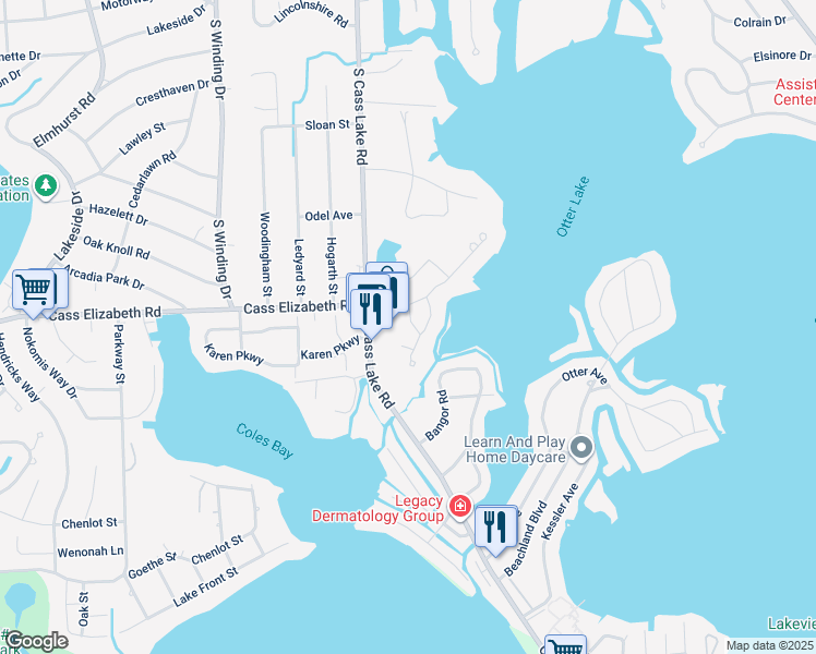 map of restaurants, bars, coffee shops, grocery stores, and more near 1058 Sandpiper Drive in Waterford Township