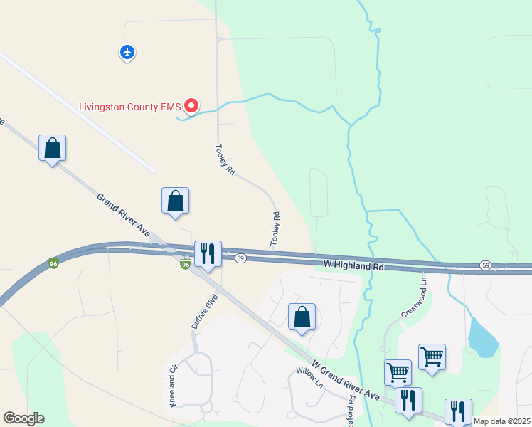 map of restaurants, bars, coffee shops, grocery stores, and more near 1630 Tooley Road in Howell