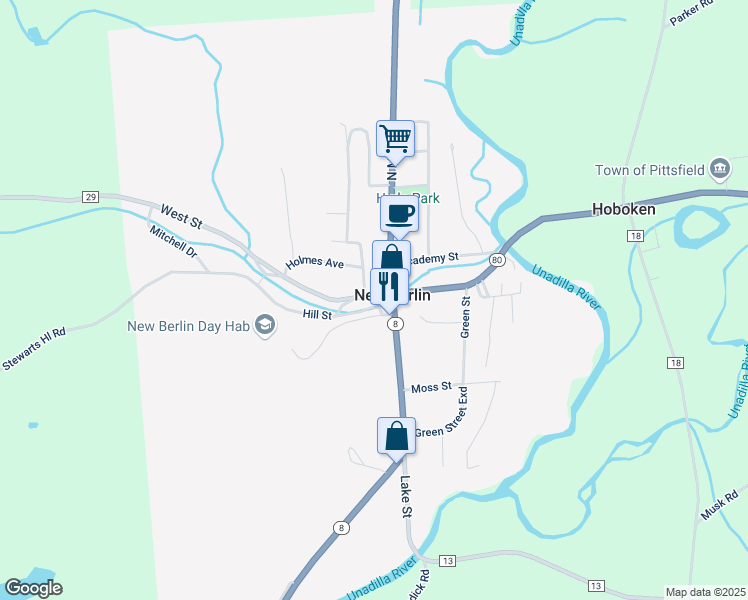 map of restaurants, bars, coffee shops, grocery stores, and more near 5 West Street in New Berlin