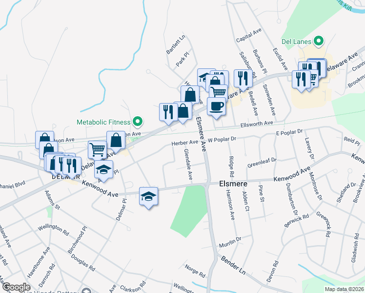 map of restaurants, bars, coffee shops, grocery stores, and more near 12 Herber Avenue in Delmar