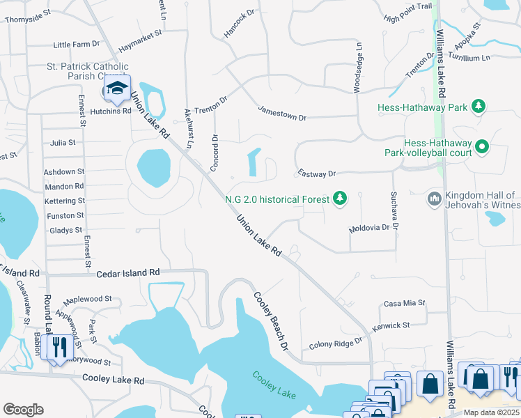 map of restaurants, bars, coffee shops, grocery stores, and more near 1095 Union Lake Road in White Lake charter Township