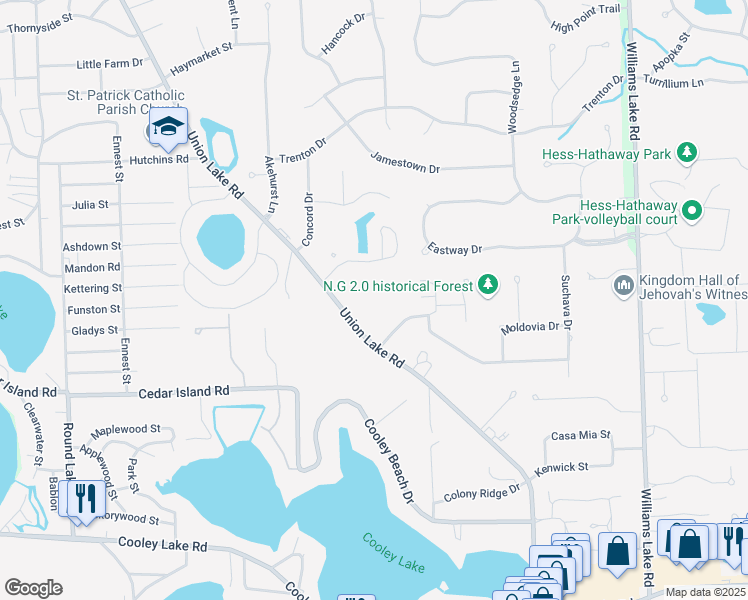 map of restaurants, bars, coffee shops, grocery stores, and more near 1095 Union Lake Road in White Lake charter Township