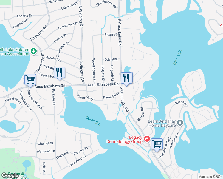 map of restaurants, bars, coffee shops, grocery stores, and more near 3520 Denise Court in Waterford Township