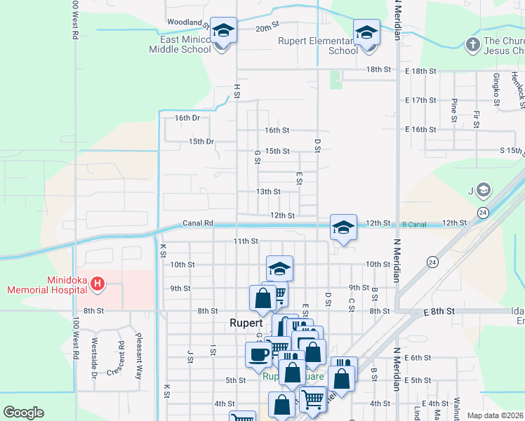 map of restaurants, bars, coffee shops, grocery stores, and more near 1202 G Street in Rupert