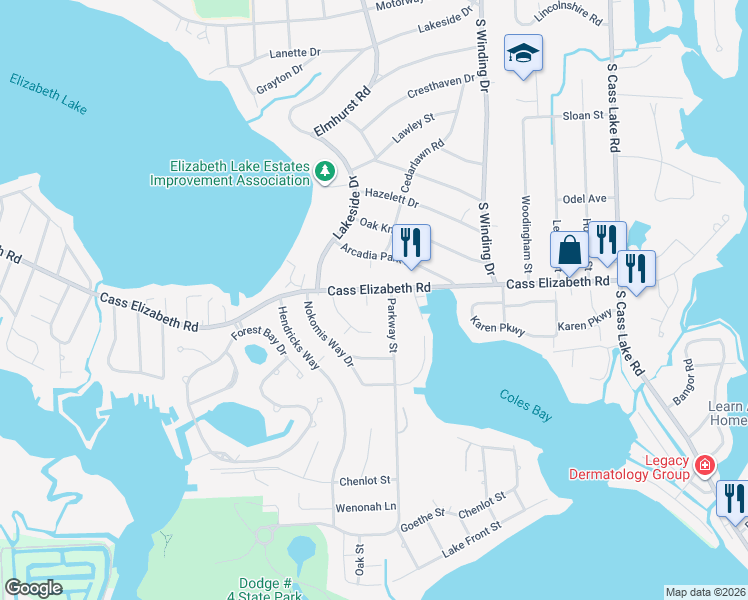 map of restaurants, bars, coffee shops, grocery stores, and more near 1011 Mohegan Lane in Waterford Township