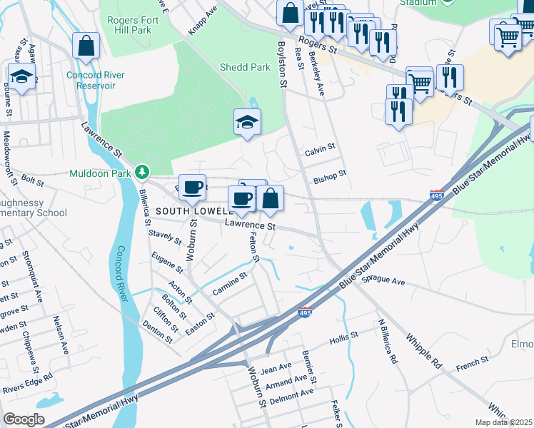 map of restaurants, bars, coffee shops, grocery stores, and more near 17 Rockingham Street in Lowell