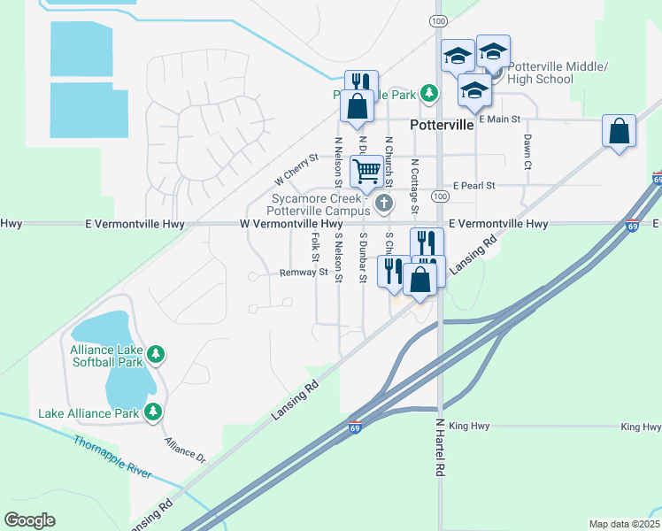 map of restaurants, bars, coffee shops, grocery stores, and more near 302 Remway Street in Potterville